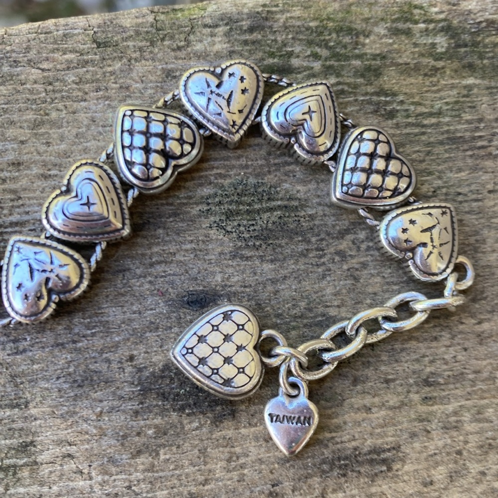 BRIGHTON Bracelet ENCHANTED HEARTS Reversible Vintage Silver Slide Charm Adjusts